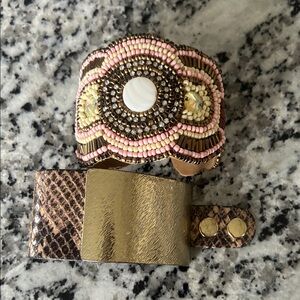 Beaded Pink and Gold Leather Cuff Bracelet